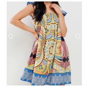 16 Border Print Squared Neck  Dress